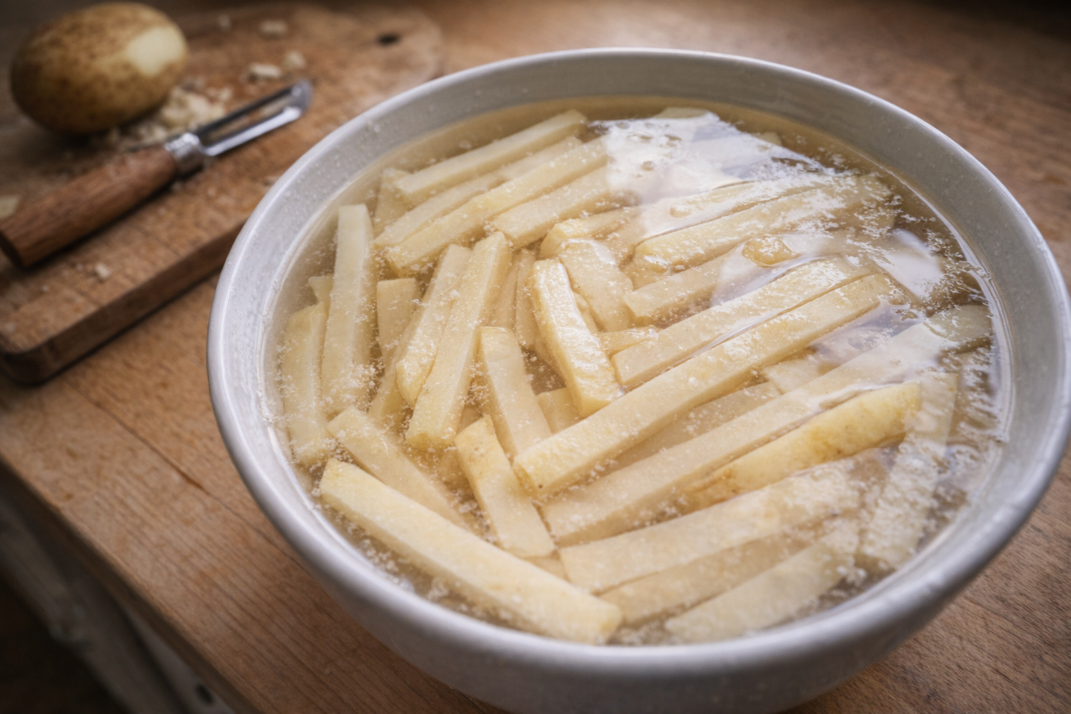 A close-up shot of raw potato fries soaking in a bowl of cold water, demonstrating the starch removal process, with a potato peeler and cutting board visible in the background